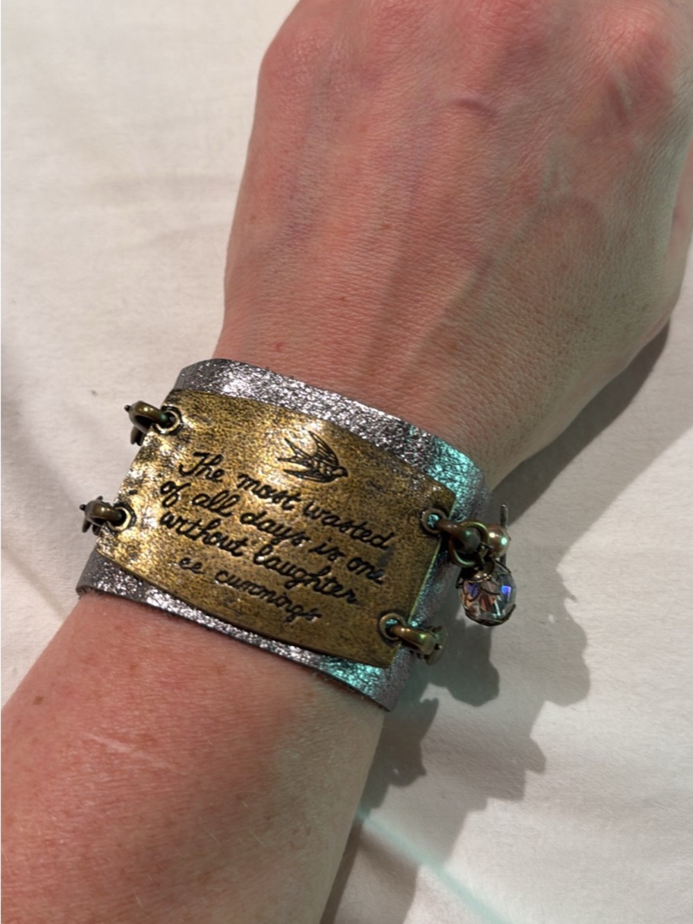 Inspirational Two-Tone Leather Cuff Bracelet in Gold and Silver
